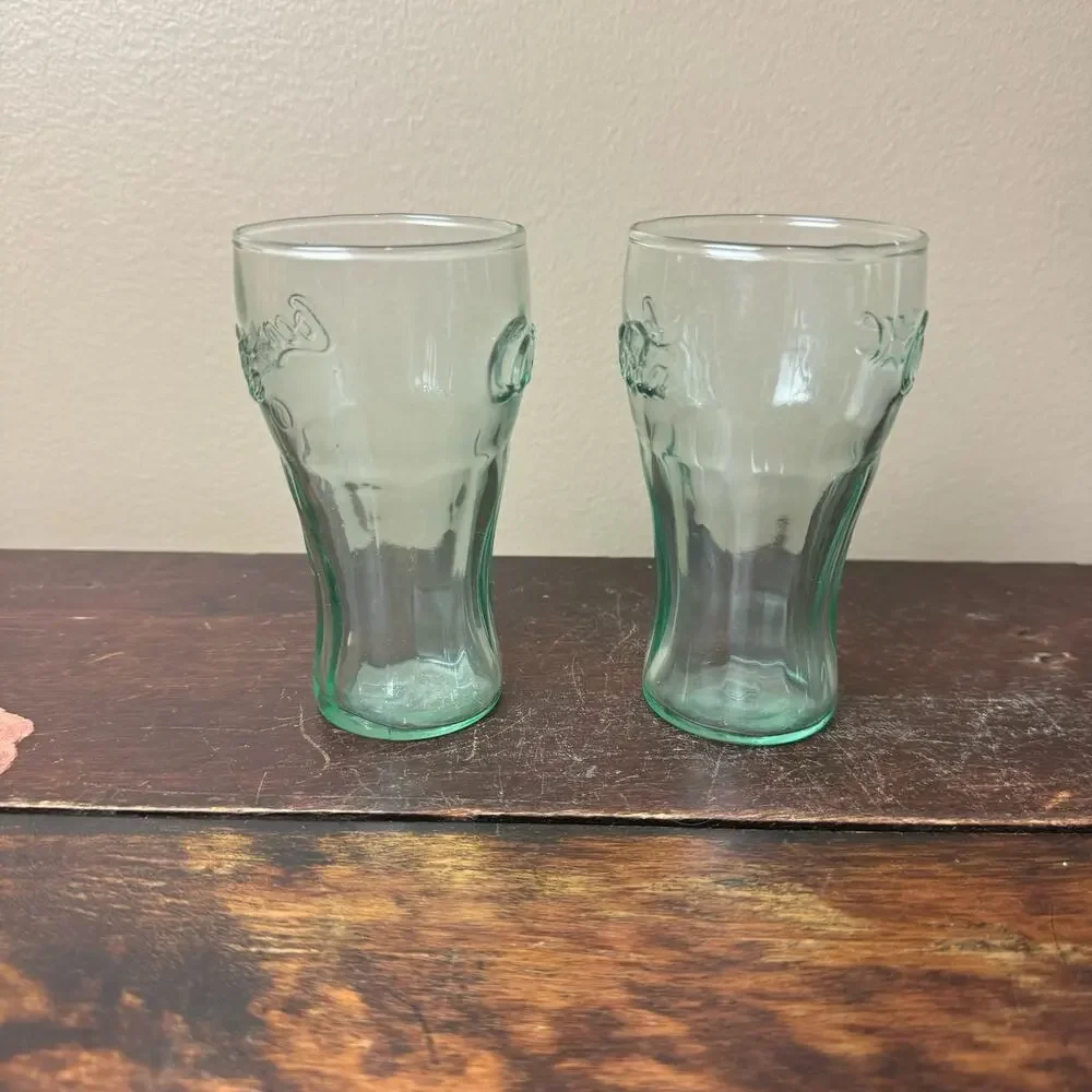 Set of 2 Vintage Coca-Cola green tint fountain shake‎ 4.5 inch glasses Marked IG